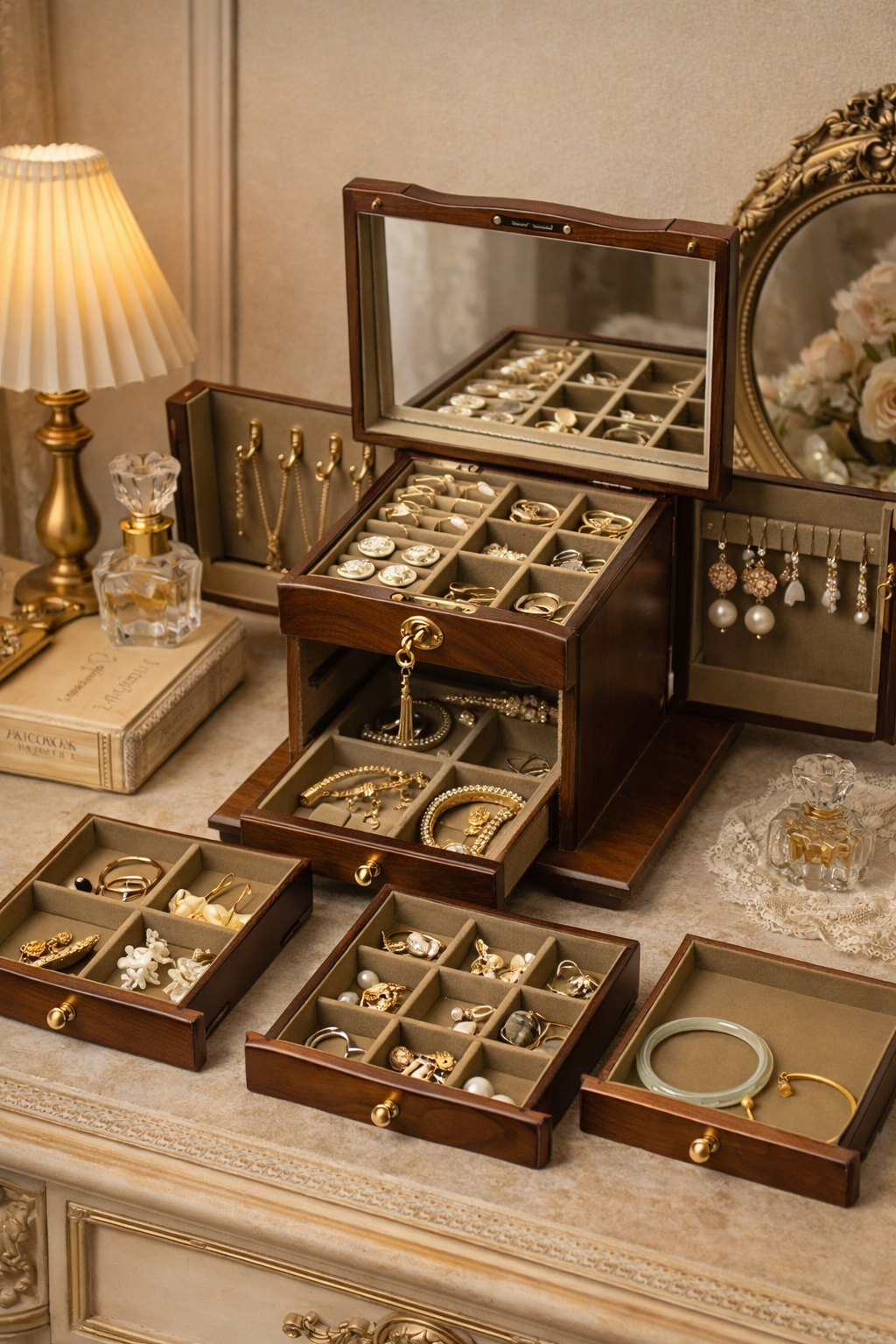 French Walnut Wood Jewelry Organizer Vanity Storage Box
