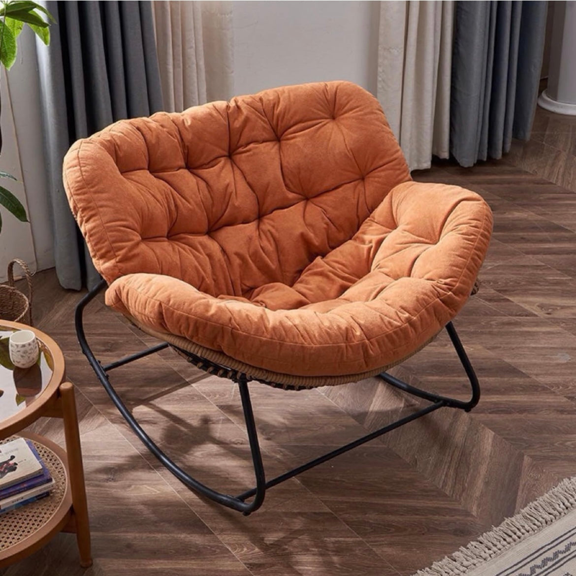 Ausique Decor Rattan Papasan Rocking Chair with Cushion
