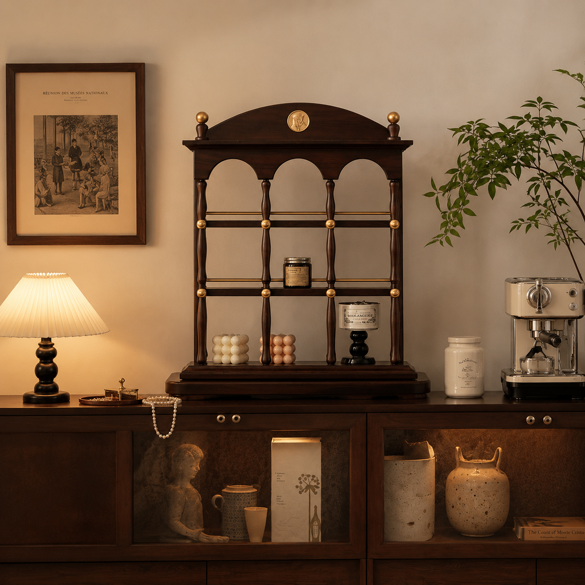 Vintage Walnut Architectural Display Shelf Vanity Organizer