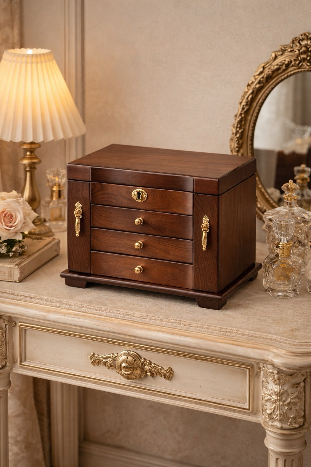 French Walnut Wood Jewelry Organizer Vanity Storage Box