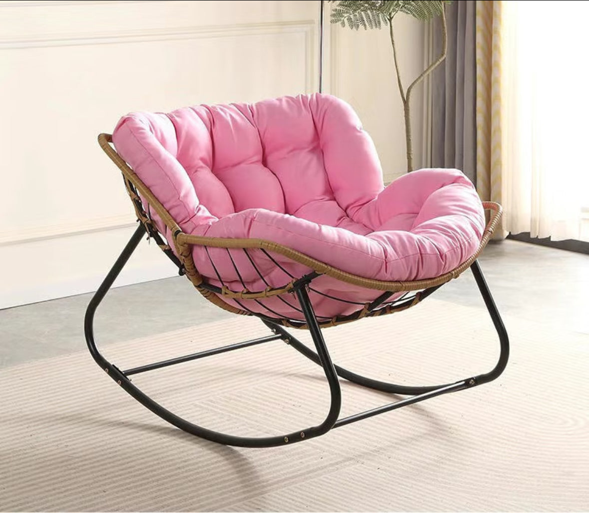 Ausique Decor Rattan Papasan Rocking Chair with Cushion