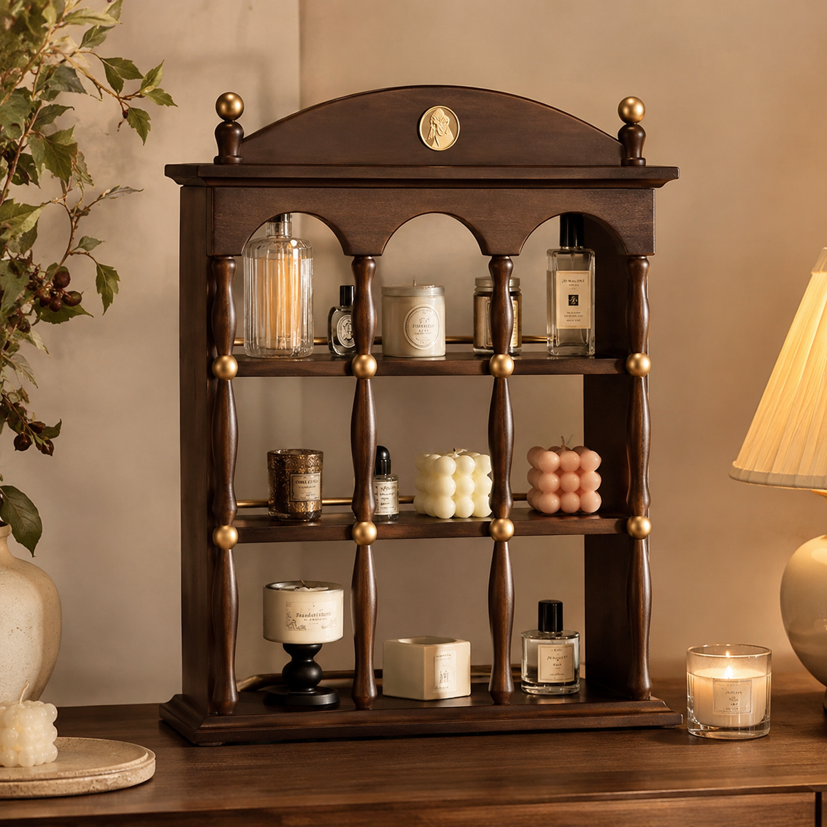 Vintage Walnut Architectural Display Shelf Vanity Organizer