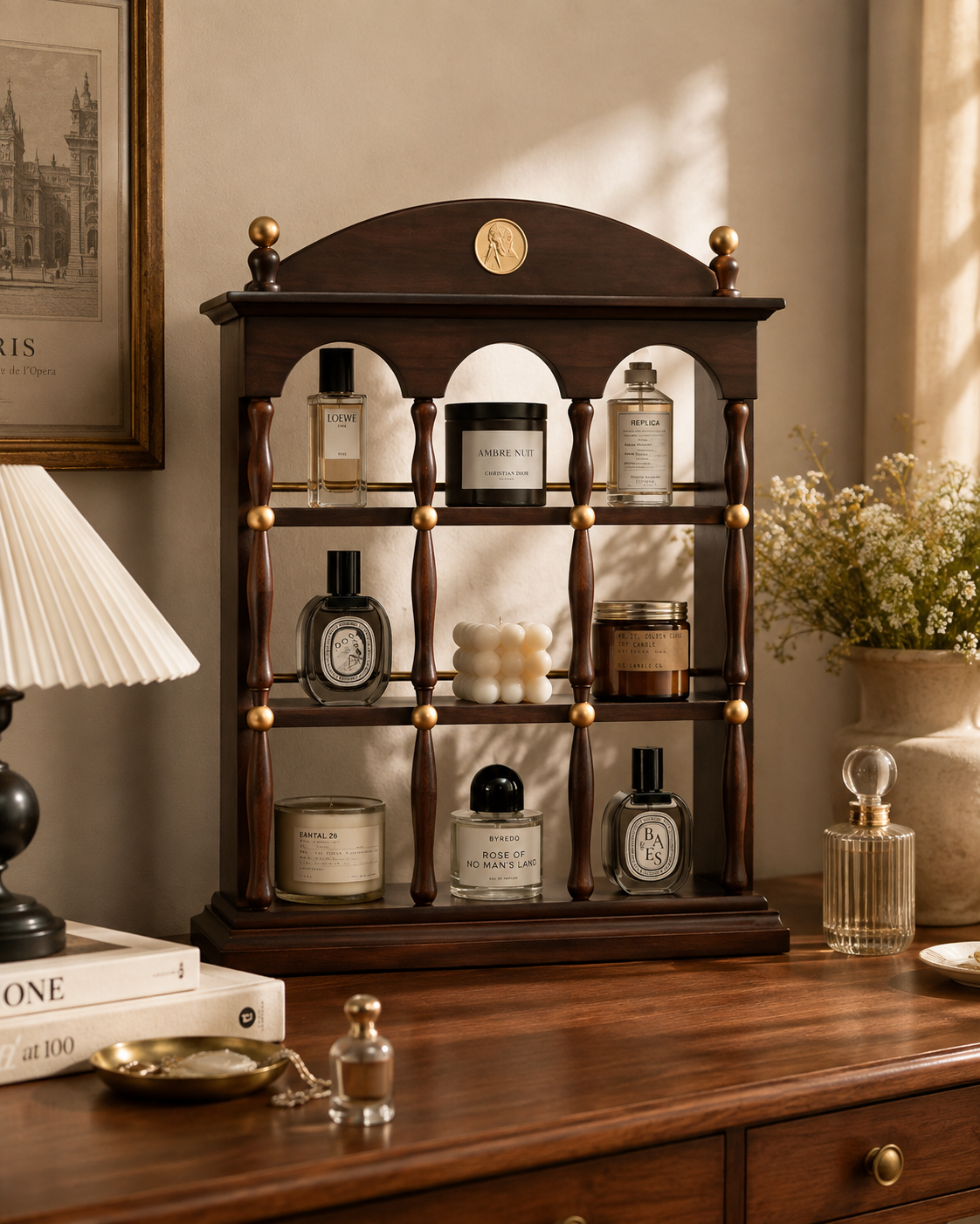 Vintage Walnut Architectural Display Shelf Vanity Organizer