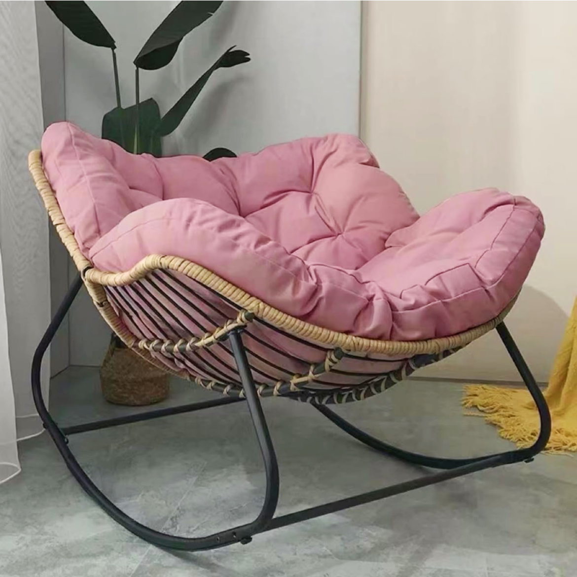 Ausique Decor Rattan Papasan Rocking Chair with Cushion
