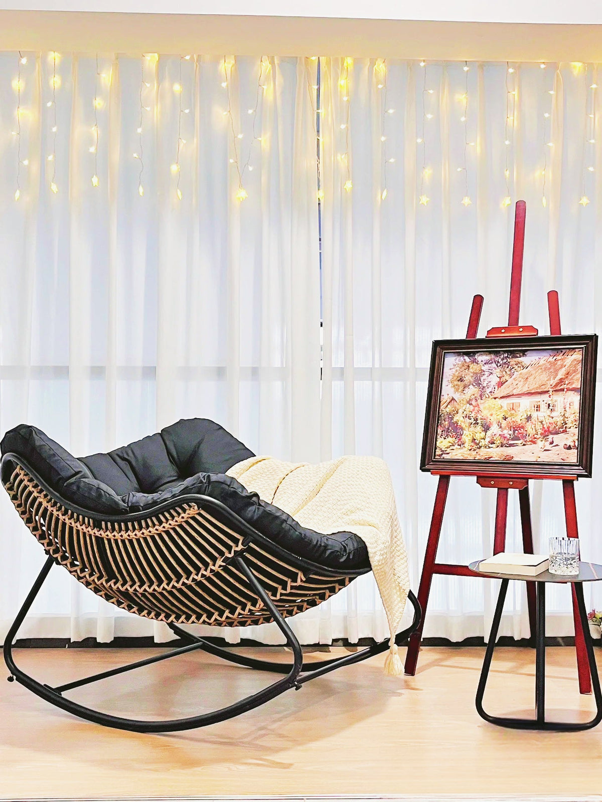 Ausique Decor Rattan Papasan Rocking Chair with Cushion