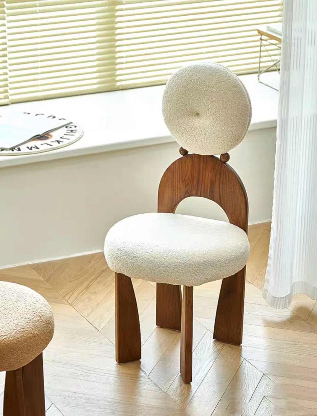 Modern Bouclé Dining Chair Sculptural Solid Wood Accent Chair