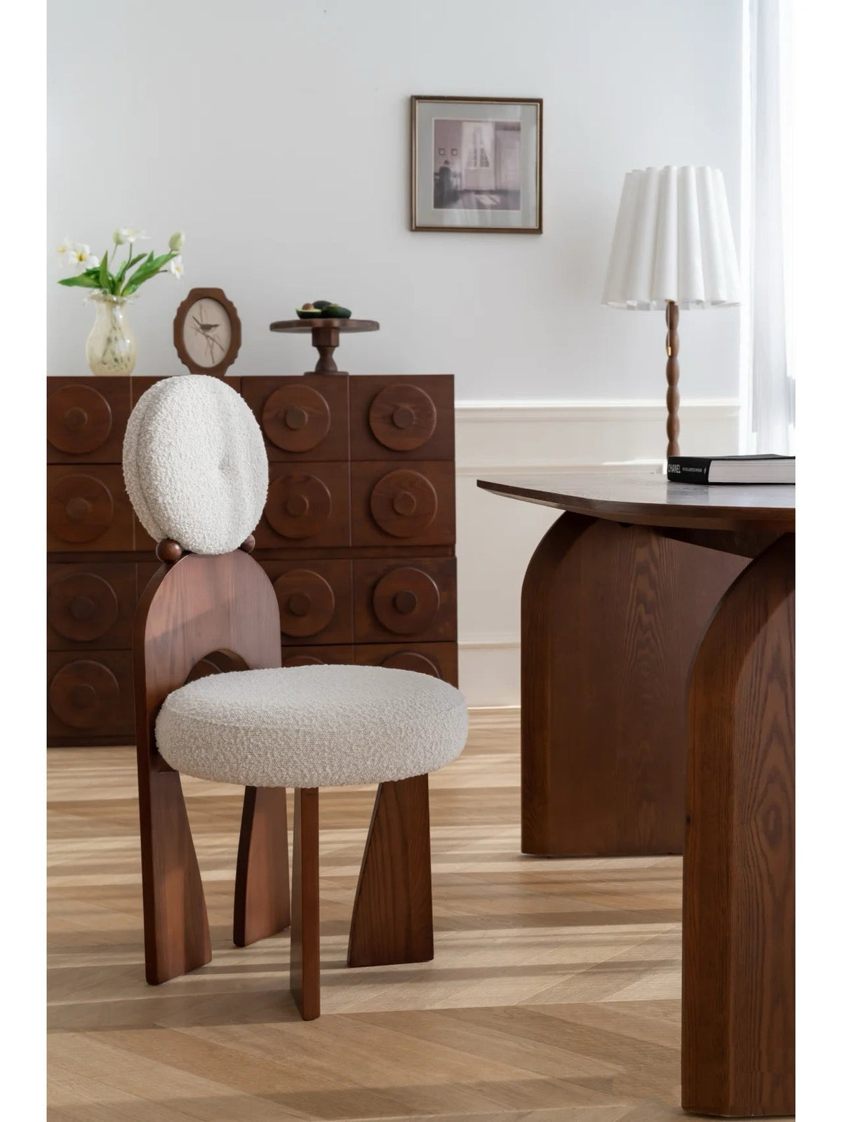 Modern Bouclé Dining Chair Sculptural Solid Wood Accent Chair