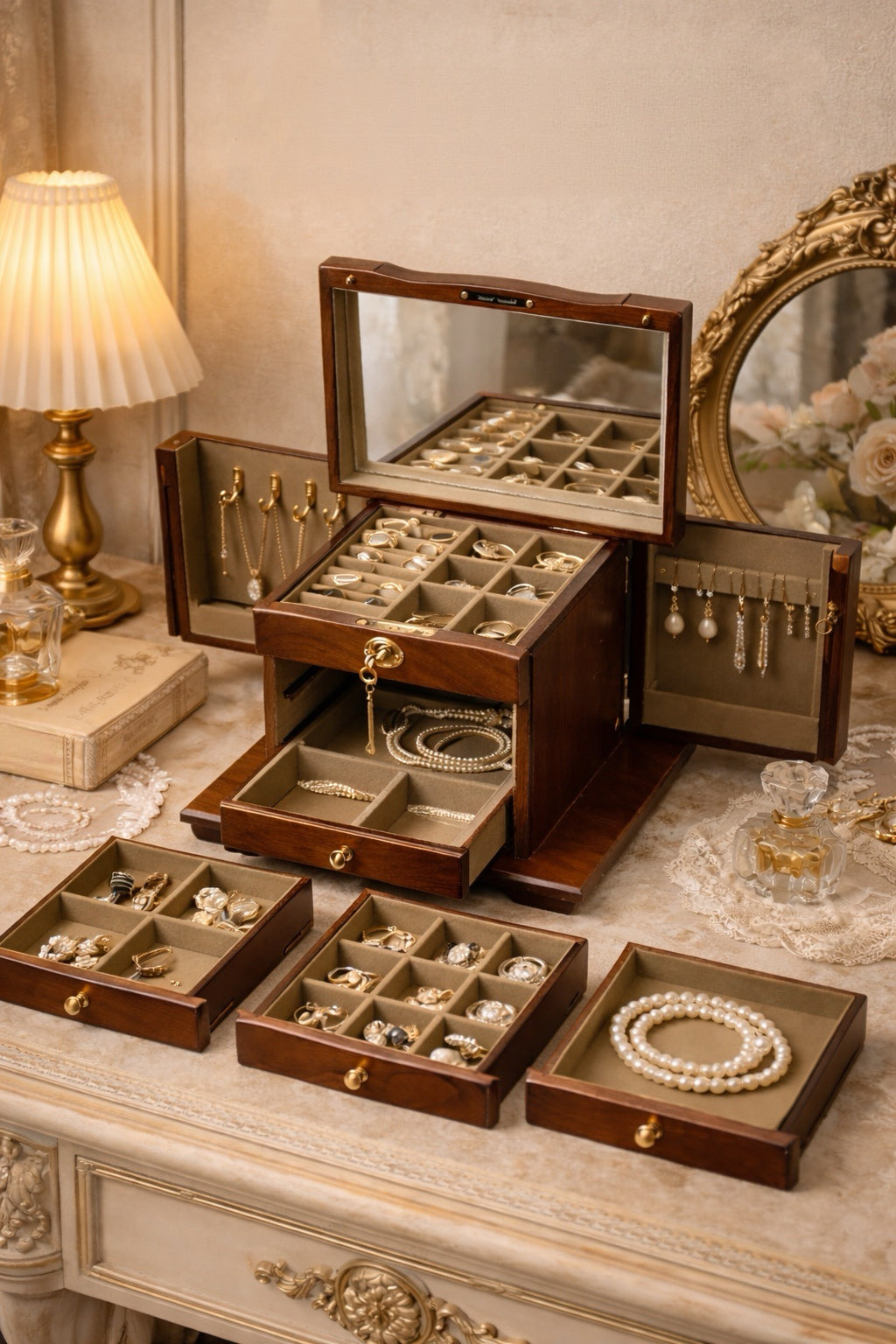 French Walnut Wood Jewelry Organizer Vanity Storage Box