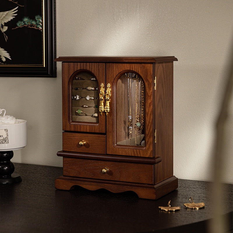 French Walnut Wood Jewelry Cabinet Glass Door Vanity Organizer