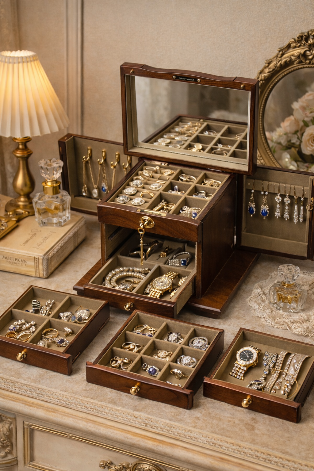 French Walnut Wood Jewelry Organizer Vanity Storage Box