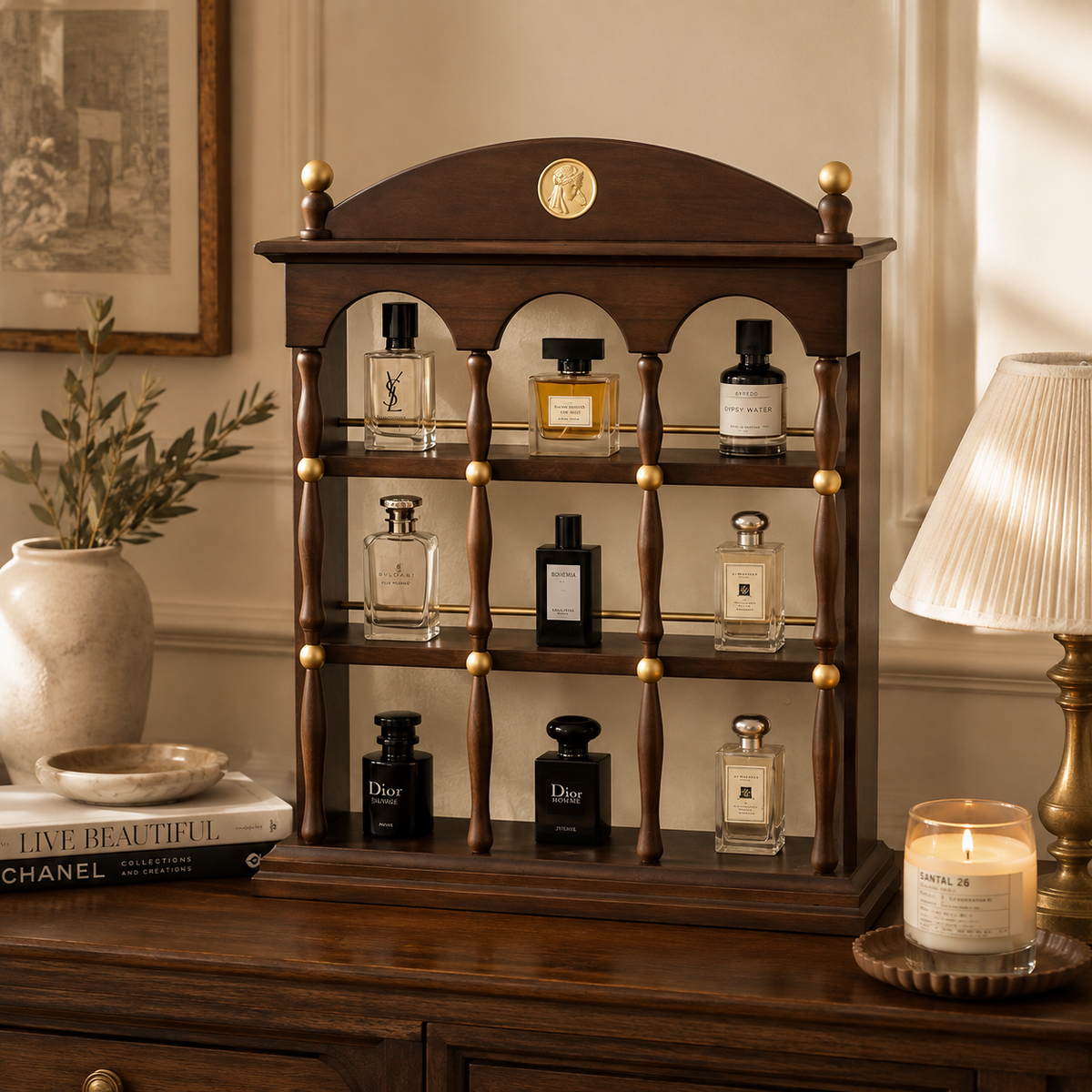 Vintage Walnut Architectural Display Shelf Vanity Organizer