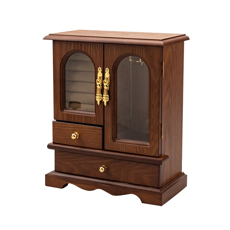 French Walnut Wood Jewelry Cabinet Glass Door Vanity Organizer