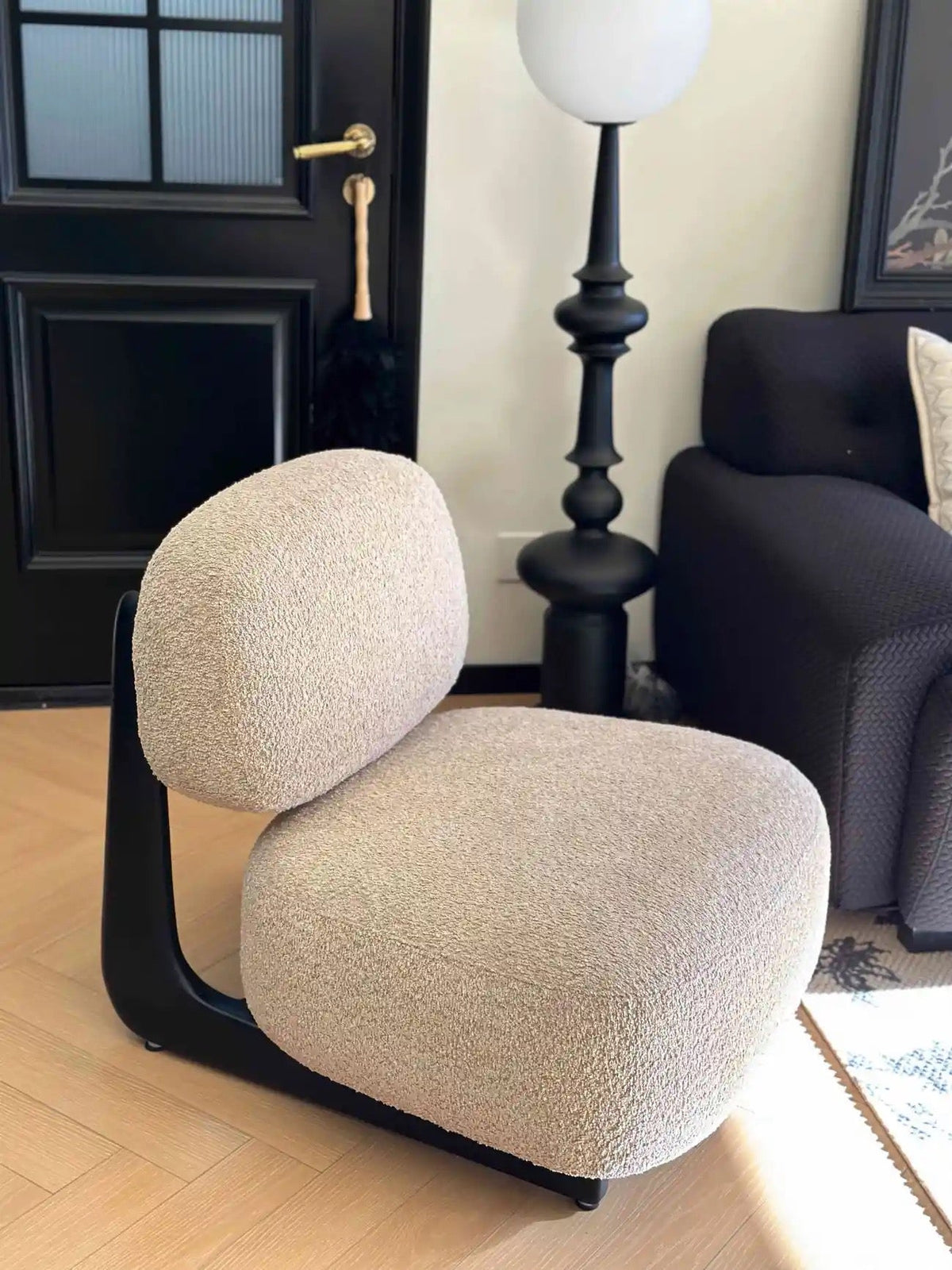 Modern Bouclé Lounge Chair with Solid Wood Base