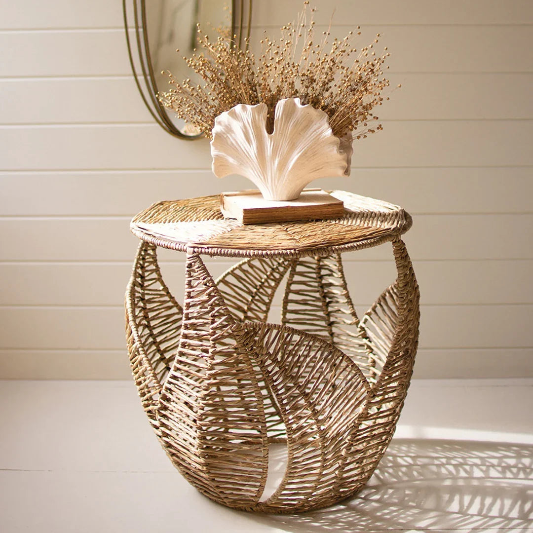 Handcrafted Fern Detail Seagrass Side Table Accent End Table