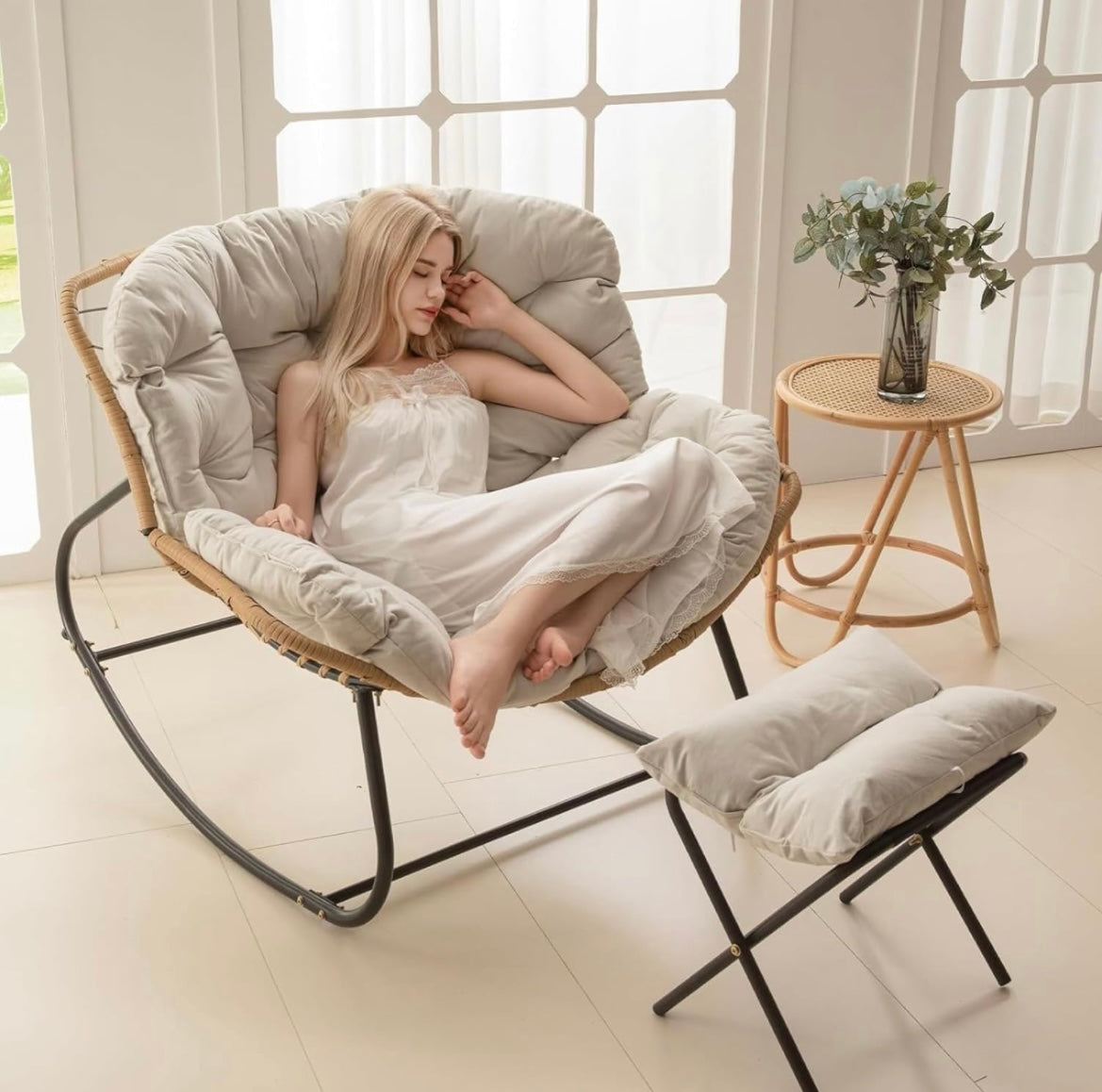 Ausique Decor Rattan Papasan Rocking Chair with Cushion