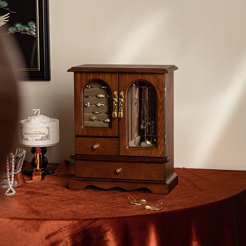 French Walnut Wood Jewelry Cabinet Glass Door Vanity Organizer