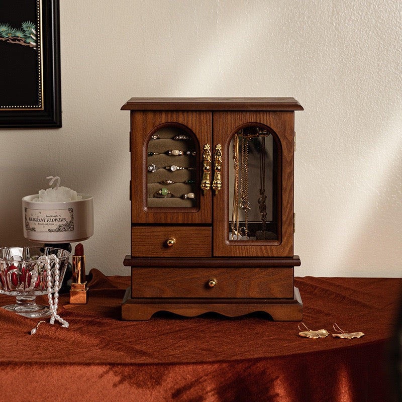 French Walnut Wood Jewelry Cabinet Glass Door Vanity Organizer
