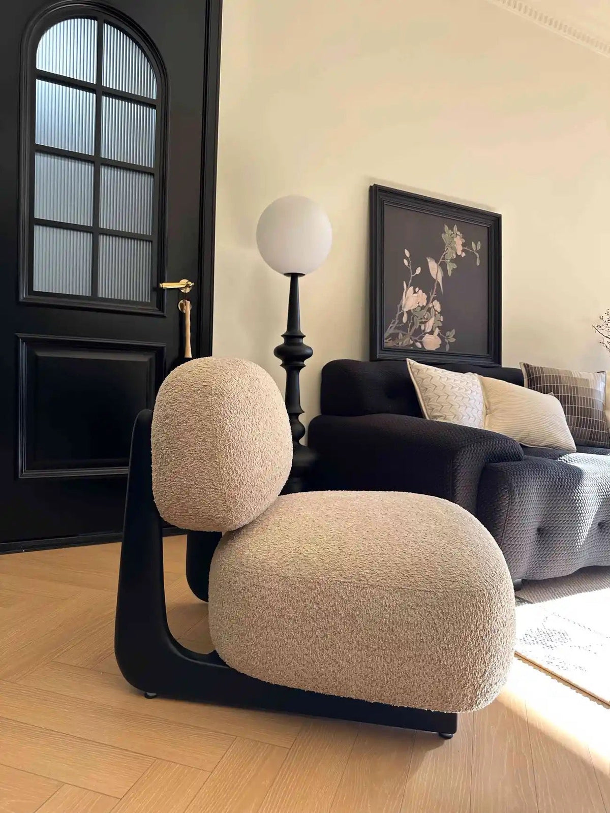 Modern Bouclé Lounge Chair with Solid Wood Base