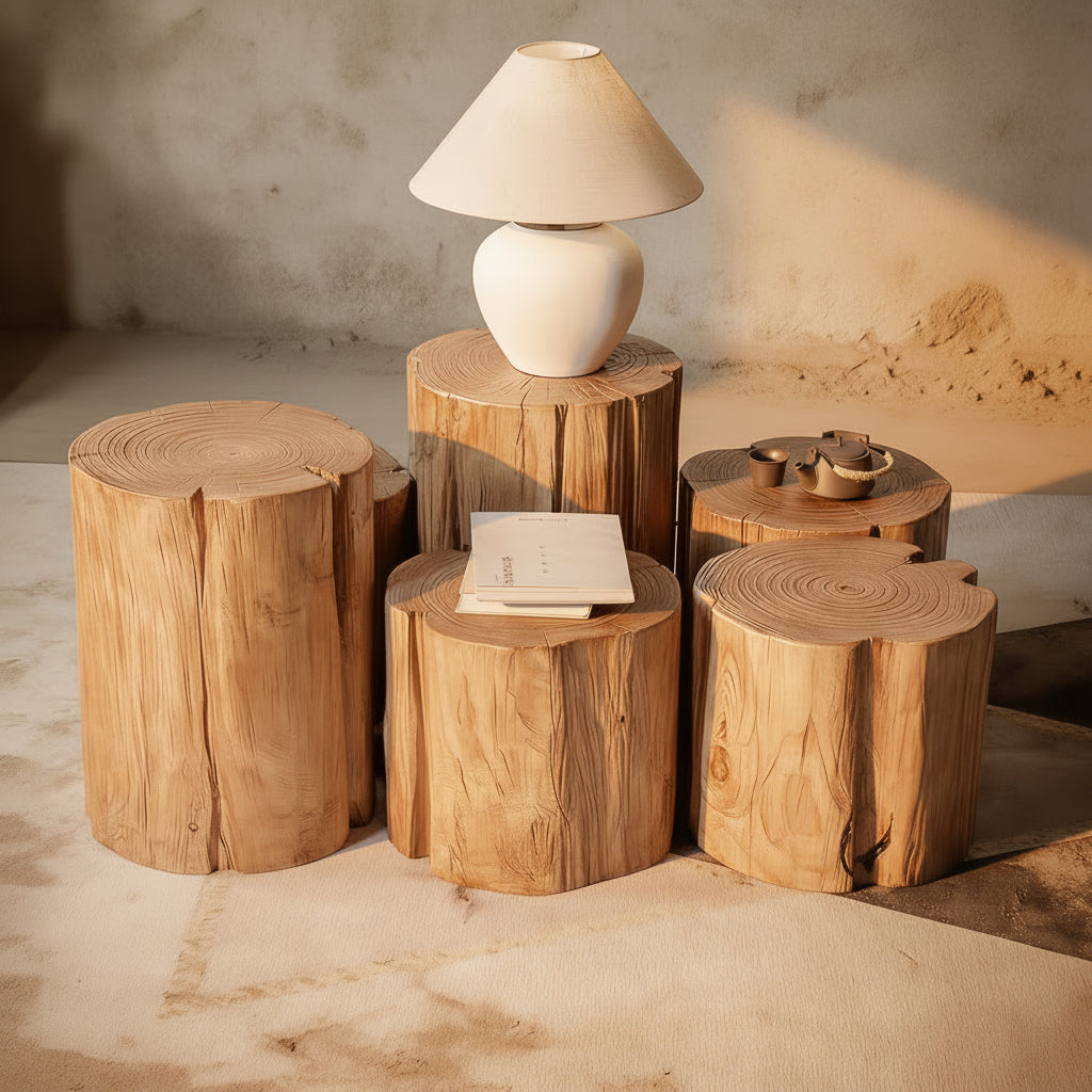Handcrafted Solid Wood Log Stump Side Table Accent Stool