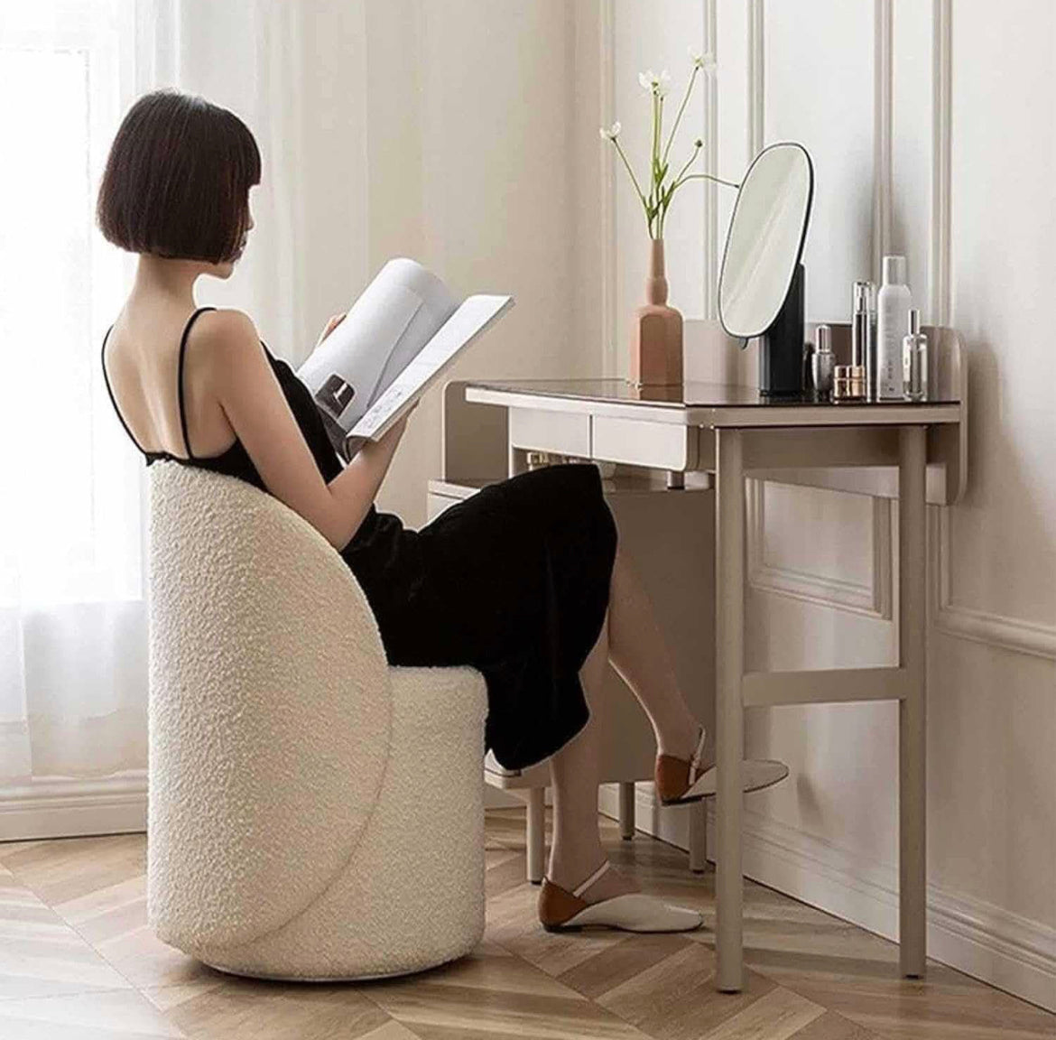 Modern Sherpa Vanity Rotational Chair Soft Padded Accent Chair