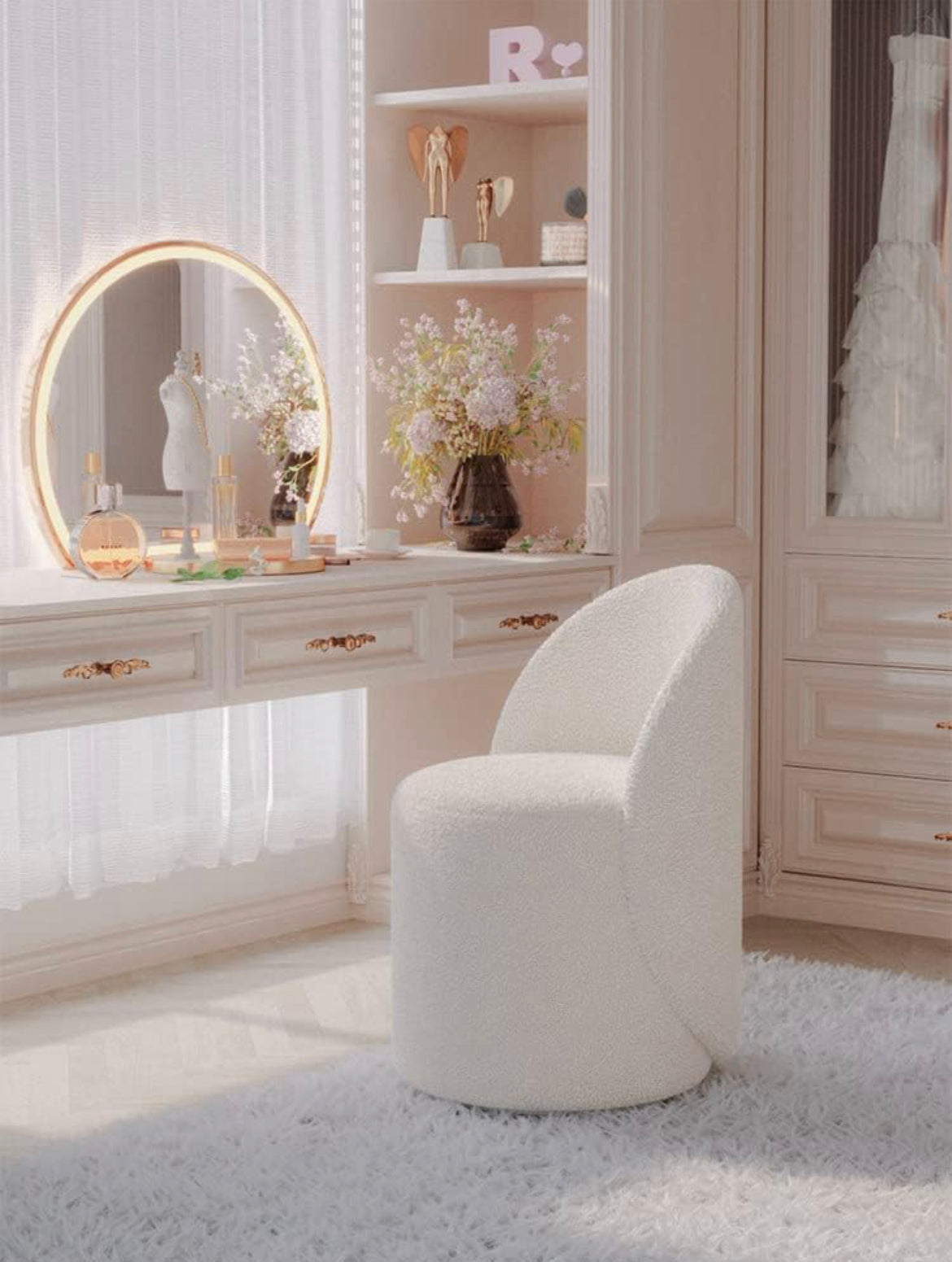 Modern Sherpa Vanity Rotational Chair Soft Padded Accent Chair