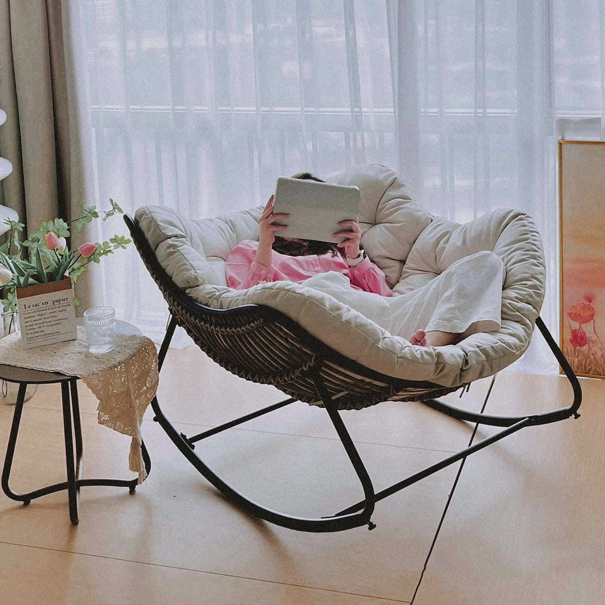 Ausique Decor Rattan Papasan Rocking Chair with Cushion