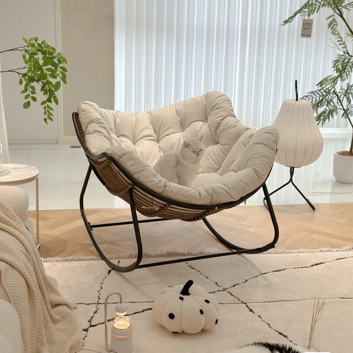 Ausique Decor Rattan Papasan Rocking Chair with Cushion
