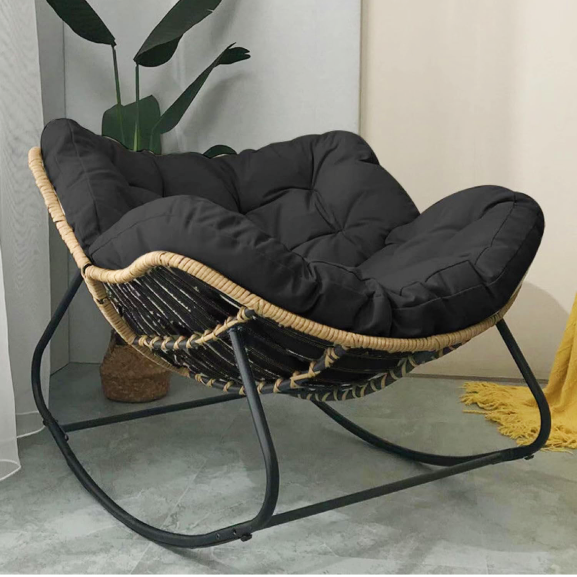 Ausique Decor Rattan Papasan Rocking Chair with Cushion