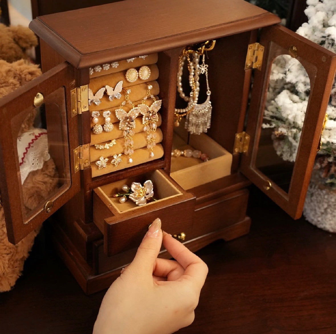 French Walnut Wood Jewelry Cabinet Glass Door Vanity Organizer