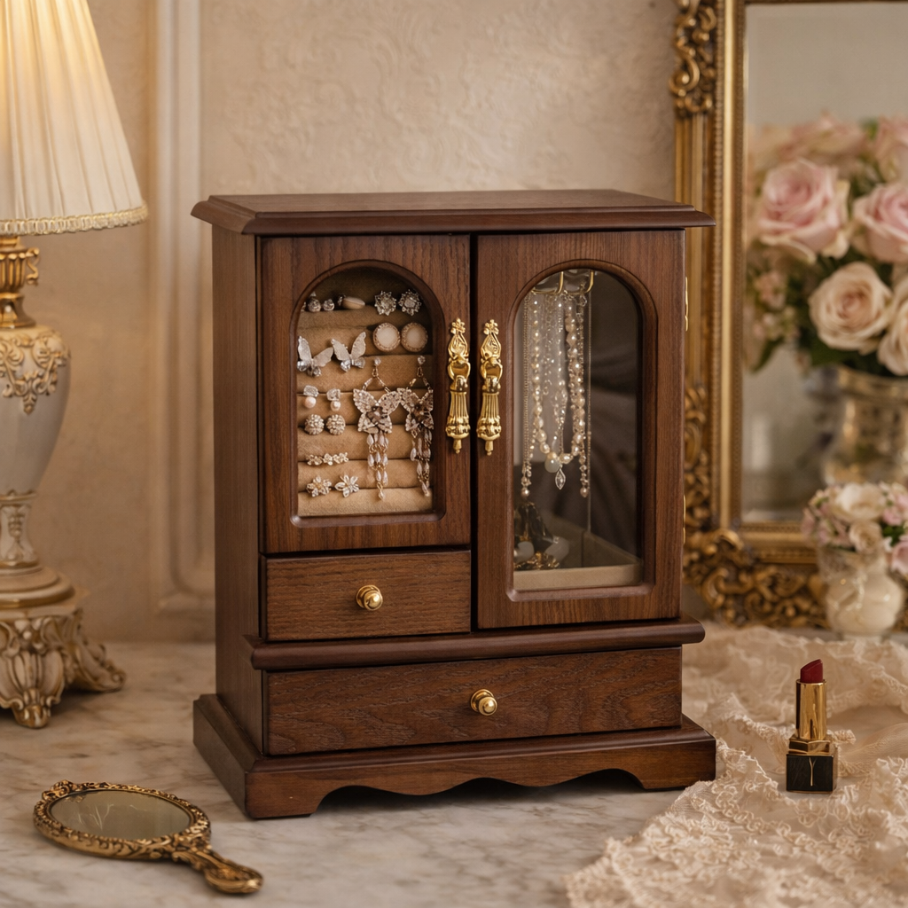 French Walnut Wood Jewelry Cabinet Glass Door Vanity Organizer