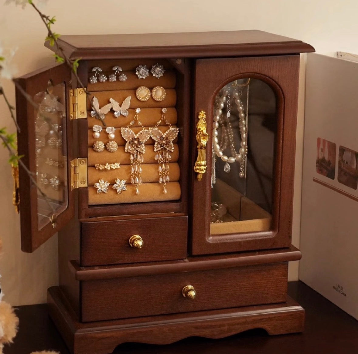 French Walnut Wood Jewelry Cabinet Glass Door Vanity Organizer